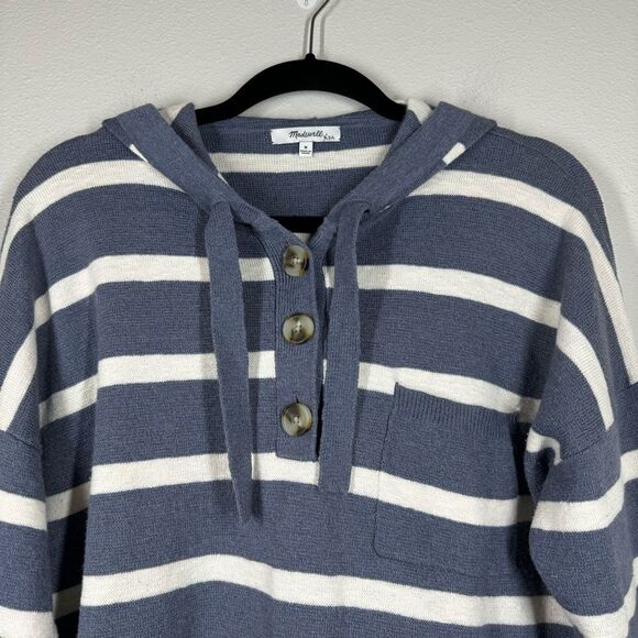 Madewell Striped Olney Henley Hoodie Sweater Blue White Stripe Women’s Medium - Picture 2 of 6